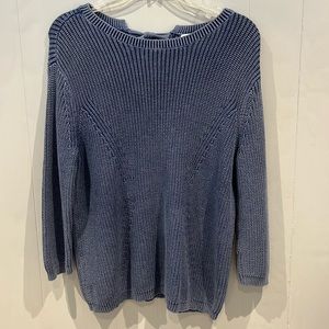 Caslon denim blue ribbed know sweater. Scoop neck front. Tie closure in back.